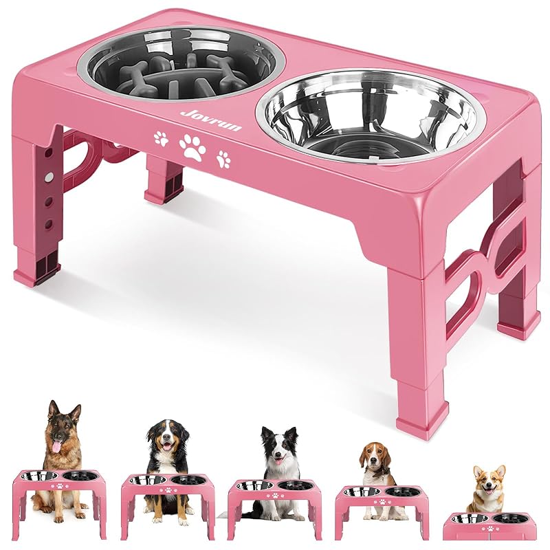 Comedouro elevado ajustável para cães de porte médio e grande Jovrun com tigela inox e comedouro lento, 5 alturas, 1 de cada