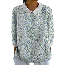 Boho Shirts for Women Collared Womens 3/4 Length Sleeve Tops Floral Print Lightweight Blouses Loose Fit Shirt