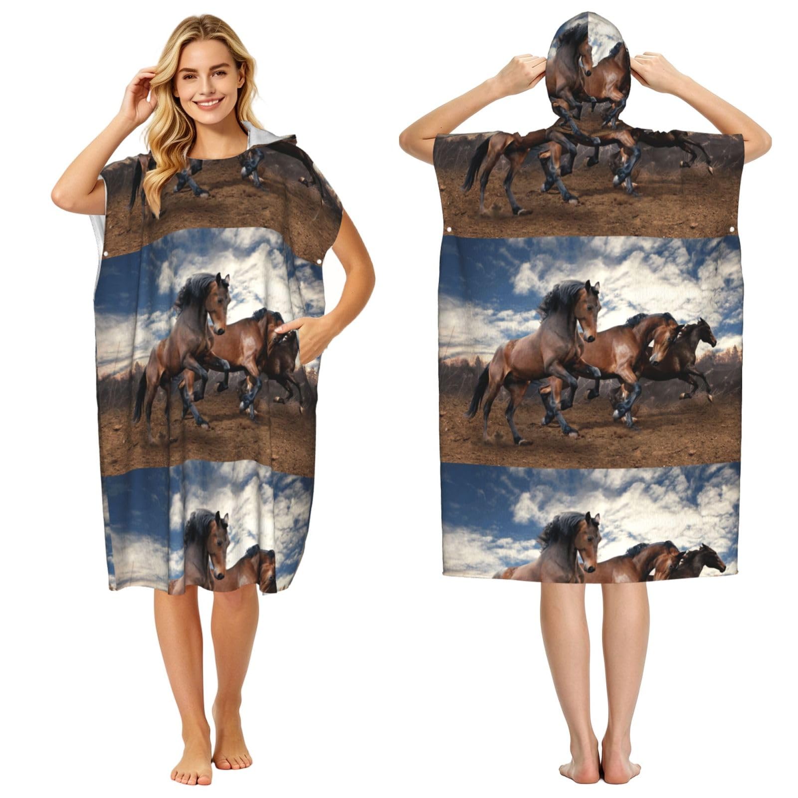 Poadnly Running Horses, Adult Hooded Beach Towel 90 x 110 cm,Changing Bath Robe, Surf Poncho Towel For Women Men