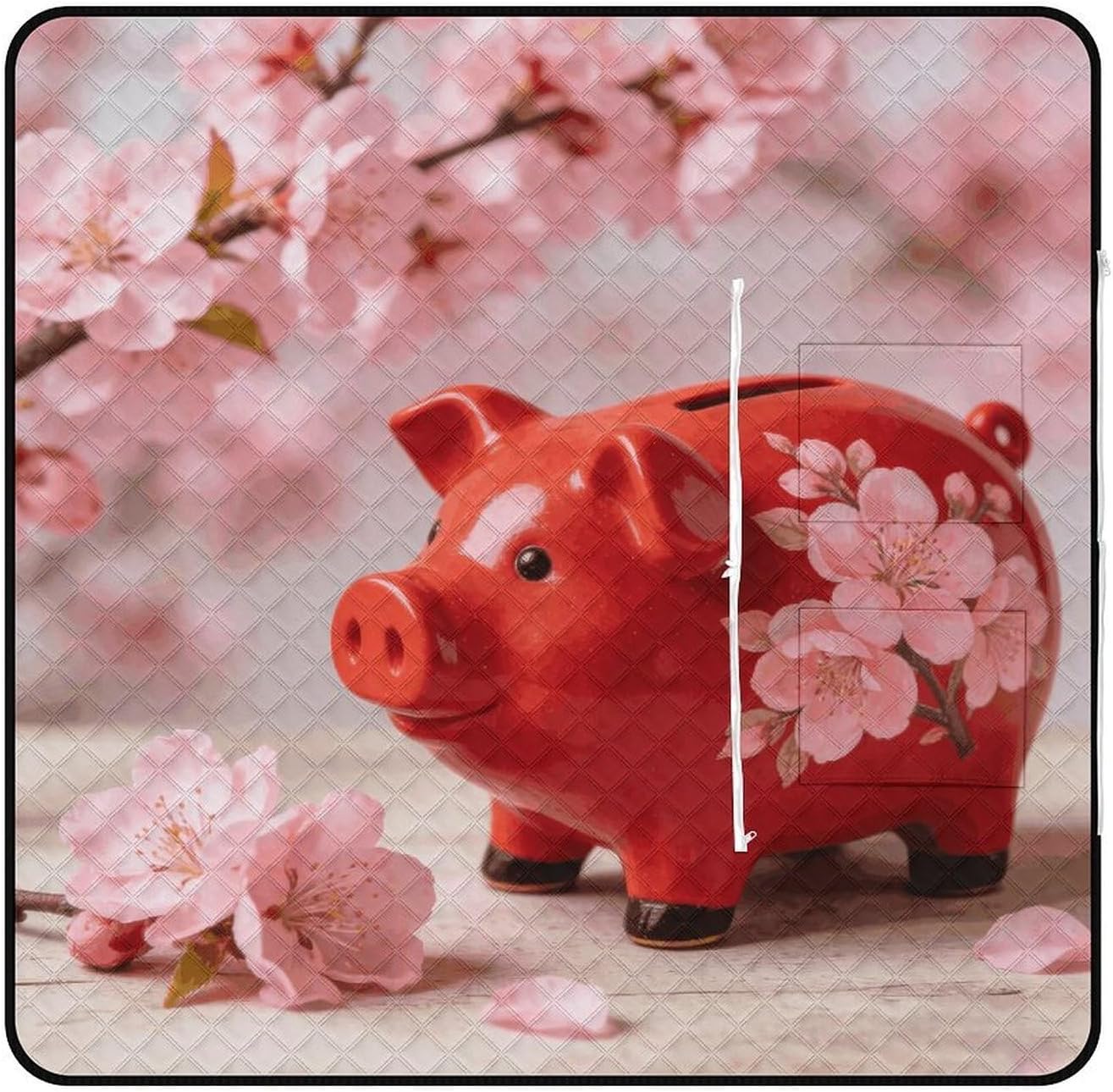 Upsdell Red Piggy Pink Peach Blossom Picnic Blanket with Zipper Water Resistant Sand Free Picnic Mat Washable Foldable Easy Carry Beach Blanket for Lawn Beach Hiking Camping