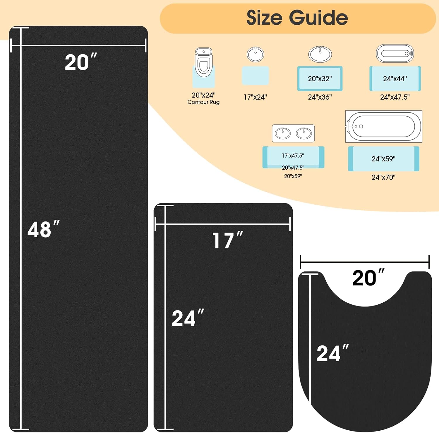 ACCUMTEK Ultra Thin Bath Mat, Upgrade Backing Non Slip Thin Bath Mats Fit Under Door, Quick Dry Ultra Absorbent Bathroom Rugs, Machine Washable Bath Rugs for Bathroom, Bathtub, Black/Solid/3 Piece - Image 2