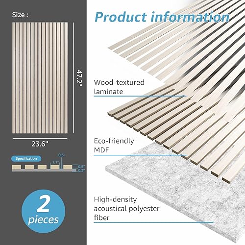 Miniatura 5 de Art3d 2 paneles acústicos de listones de madera para pared y techo, panel de absorción de sonido acanalado 3D con acabado de madera, olmo blanco