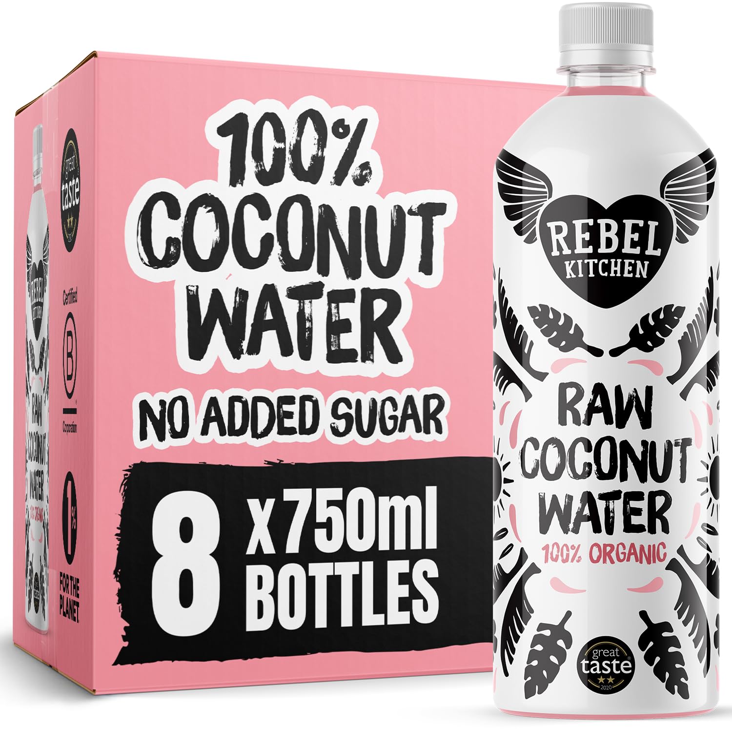 REBEL KITCHEN | Raw Organic Coconut Water | 100% Organic from Young Green Coconuts | No Added Sugars, Preservative-Free | Low-Calorie Natural Hydration | 8 x 750ml