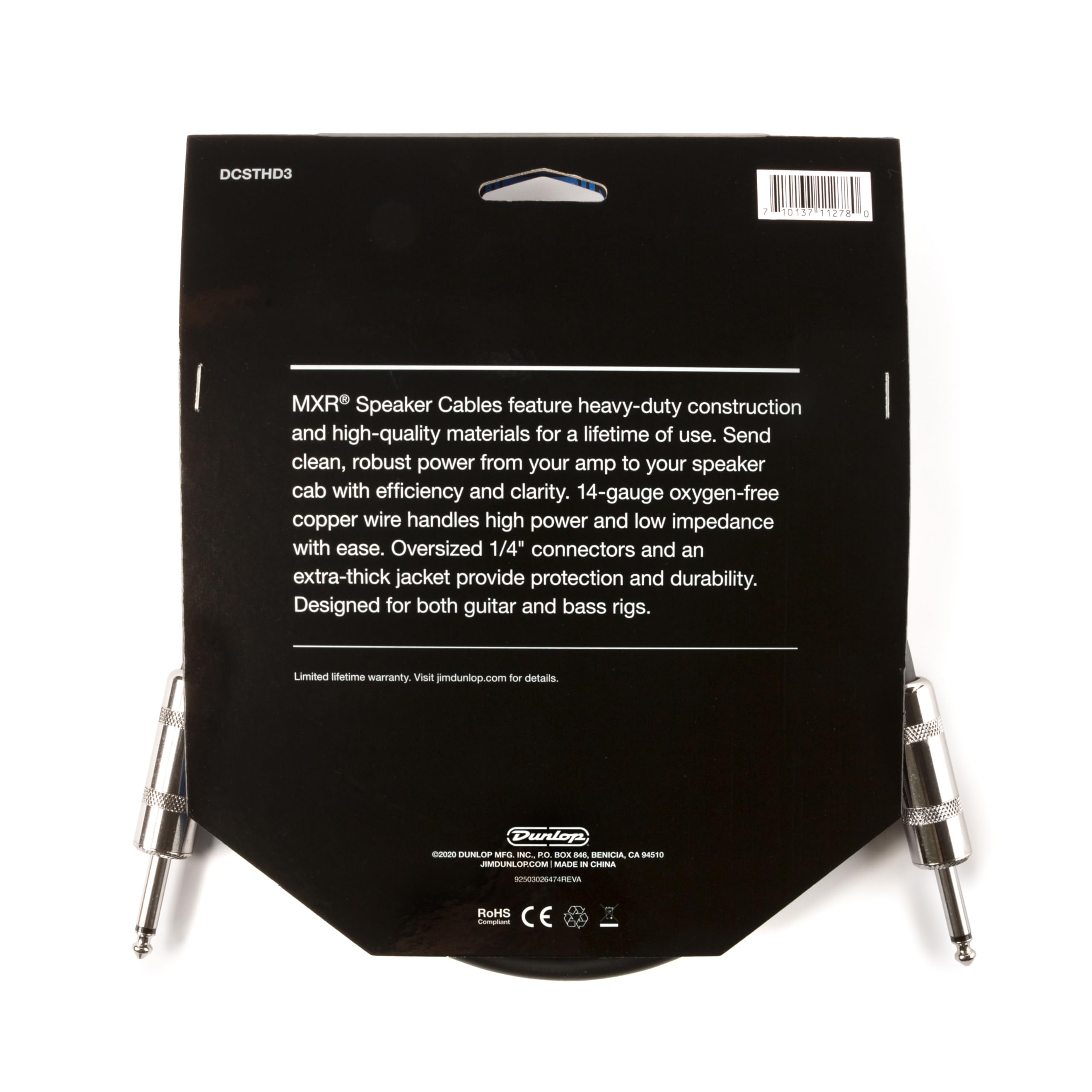 JIM DUNLOP MXR Cavo Strumentale Standard, Nero, 10 piedi | 3,1 m, Dritto 1/4 di pollice (DCIS10