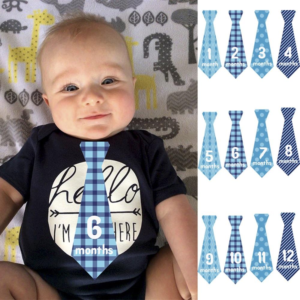 MyLilSprouts Monthly Baby Boy Newborn MileStone Neck Tie Stickers 1 - 12 Months Set - Baby Shower Gift (Style 1)