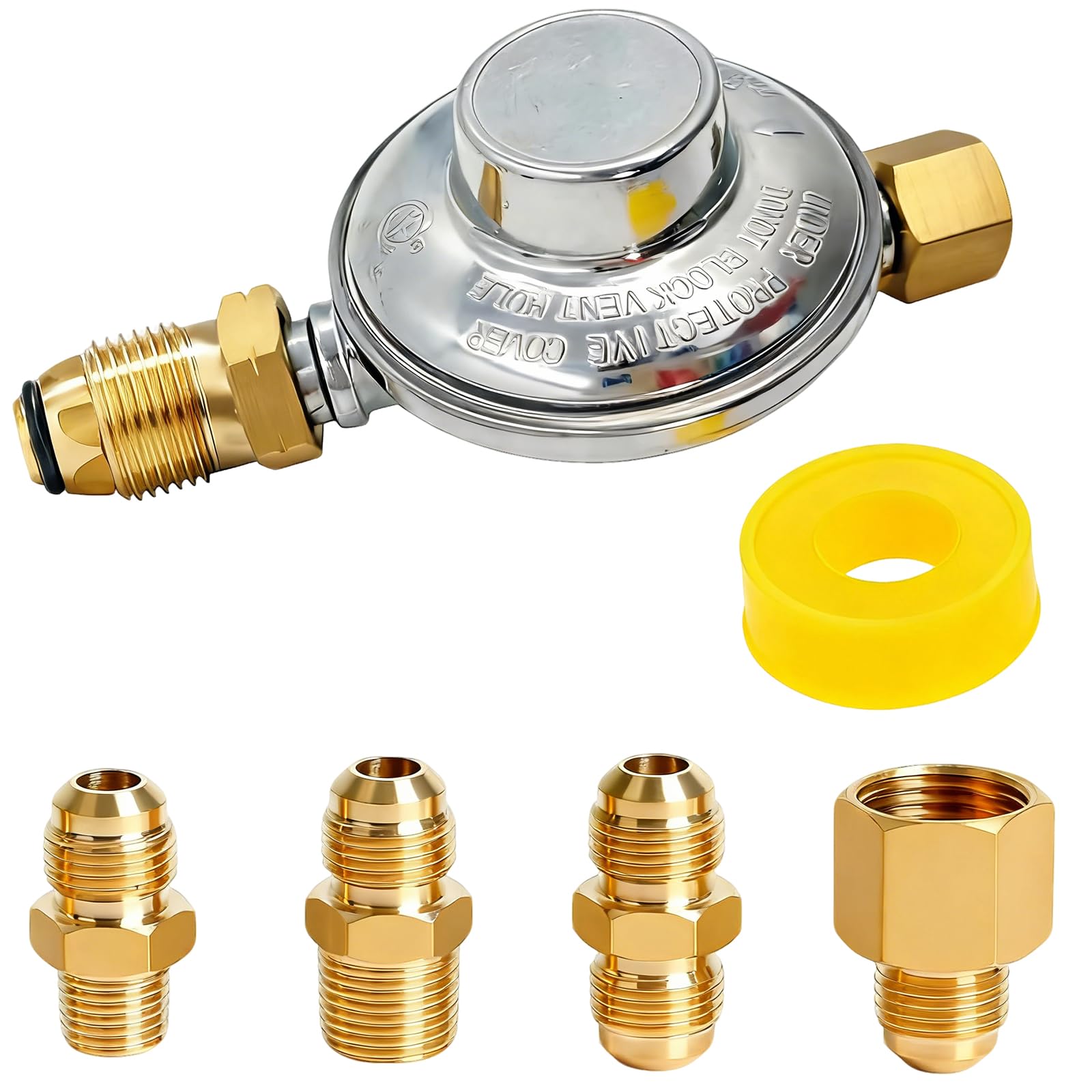 F276136 Regulador de baja presión de propano de 11 pulgadas W.C, manguera de propano multifunción de 1/4 pulgadas, 1/2 pulgadas y 3/8 pulgadas, adaptador universal