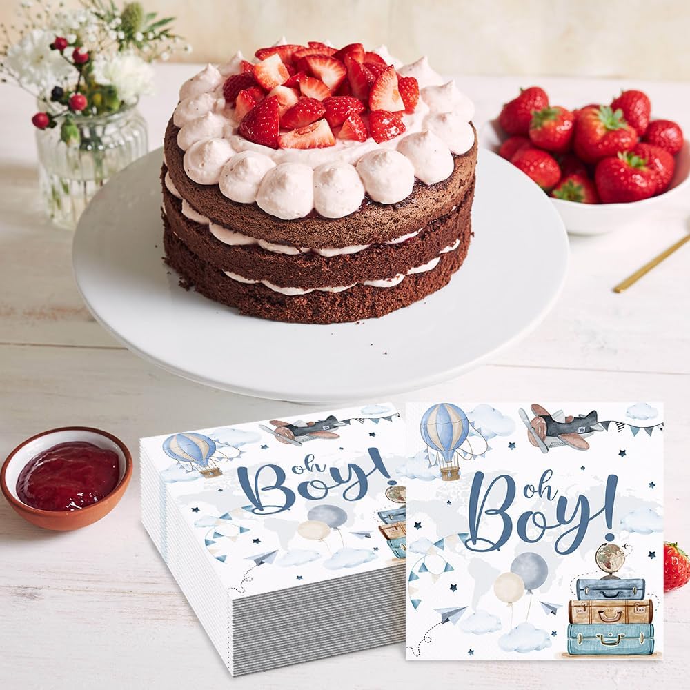 80 Pcs Airplane Baby Shower Party Paper Napkins Oh Boy Airplane Cloud Hot Air Balloon Theme Decor for Boys Travel Adventure Baby Shower Table Decorations