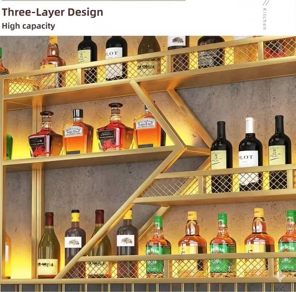 71in Wall Mounted Liquor Shelves with LED Lights, Industrial Metal Wall Bar Rack with Wine Glass Holder, Large Bottle Display Shelf for Home Kitchen (Gold)