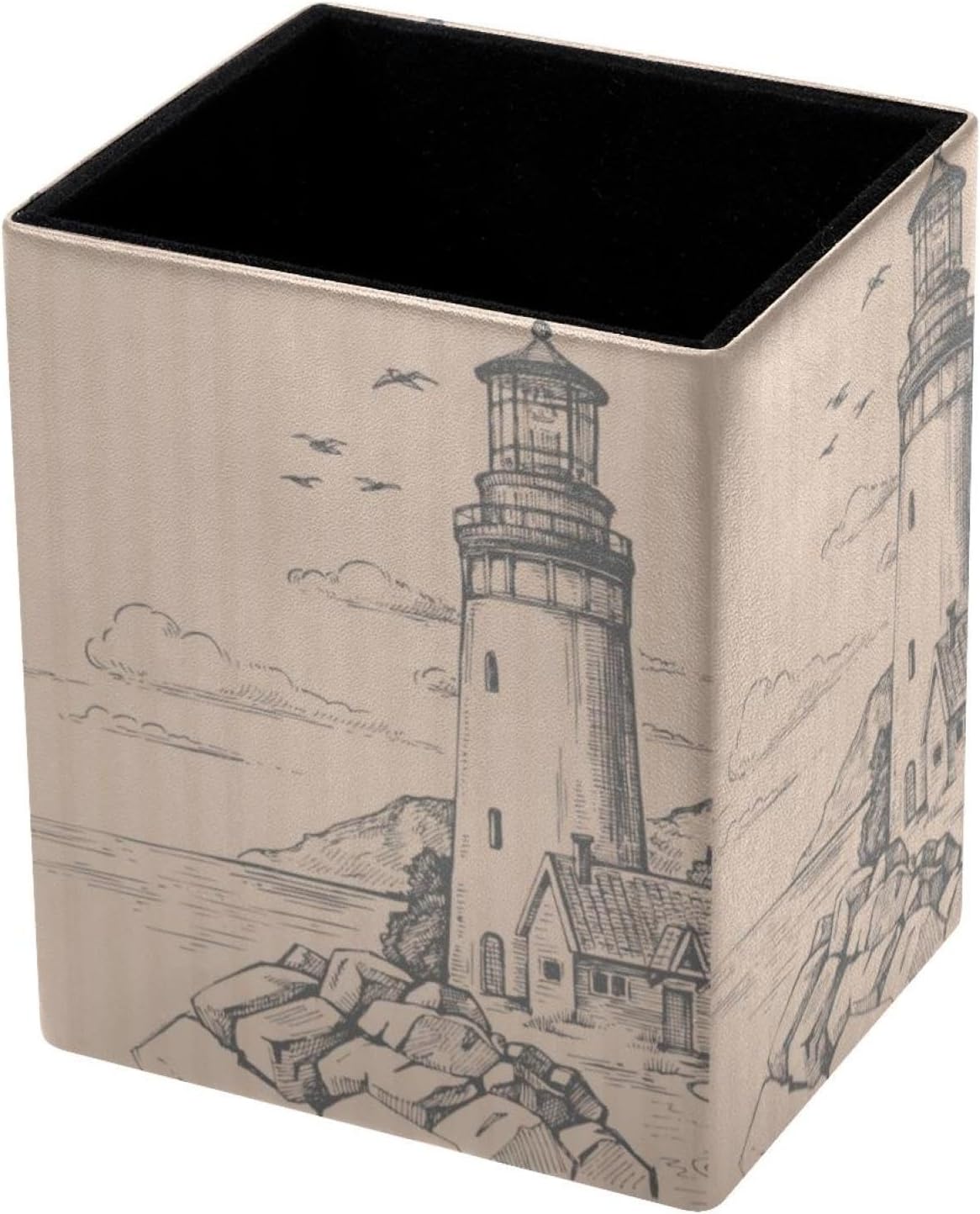 Pen Holder Cup for Desk, Hand Drawn Retro Ocean Lighthouse Desk Pen Organizer Decorative Desktop Accessories Holder Cup for Home, Classroom, Office, Teachers