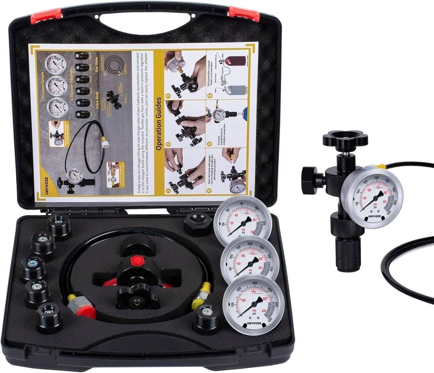 UORDBY Hydraulic Nitrogen Accumulator Charging Kit, Nitrogen Fill Kit, Gas Charge Tools with 7 Couplings, 3 Gauges,(1500PSI /4000PSI/ 6000PSI) and 1 Gas Hose