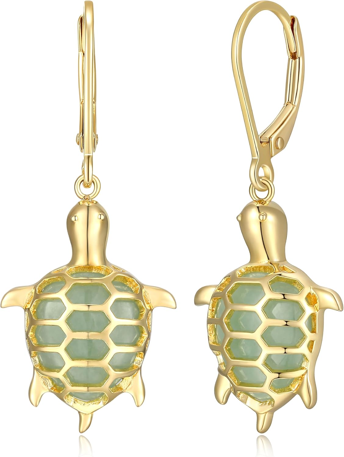 .925 Sterling Silver 14K Gold Plated Genuine Jade Turtle Dangle Earrings for Women - Sterling Silver Earrings, Hypoallergenic and Comfortable Secure Fit Jewelry for Her