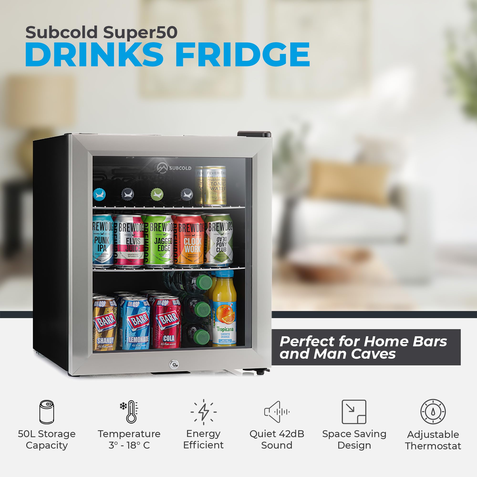 Subcold Super50 LED – Mini Fridge | 50L Beer, Wine & Drinks Fridge | LED Light + Lock and Key | Energy Efficient (Stainless Steel) — view 9