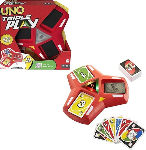 Mattel Games UNO - Juego de cartas triple para niños, adultos y noche familiar, juega tres pilas, dibuja cuando se sobrecarga, luces y sonidos