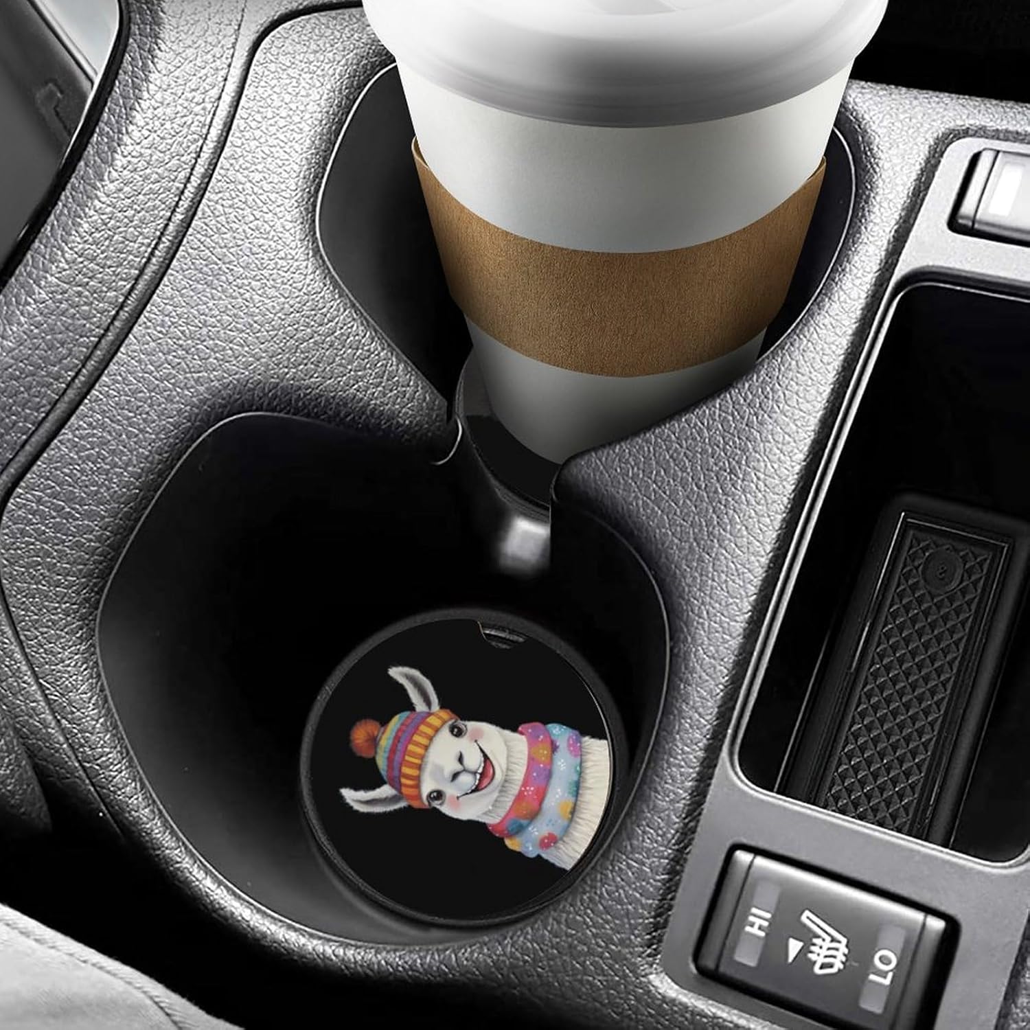 Cute Llama in Winter Cute Car Coasters 2.56 Inch Absorbent Cup Holder for Drinks Auto Interior Accessories