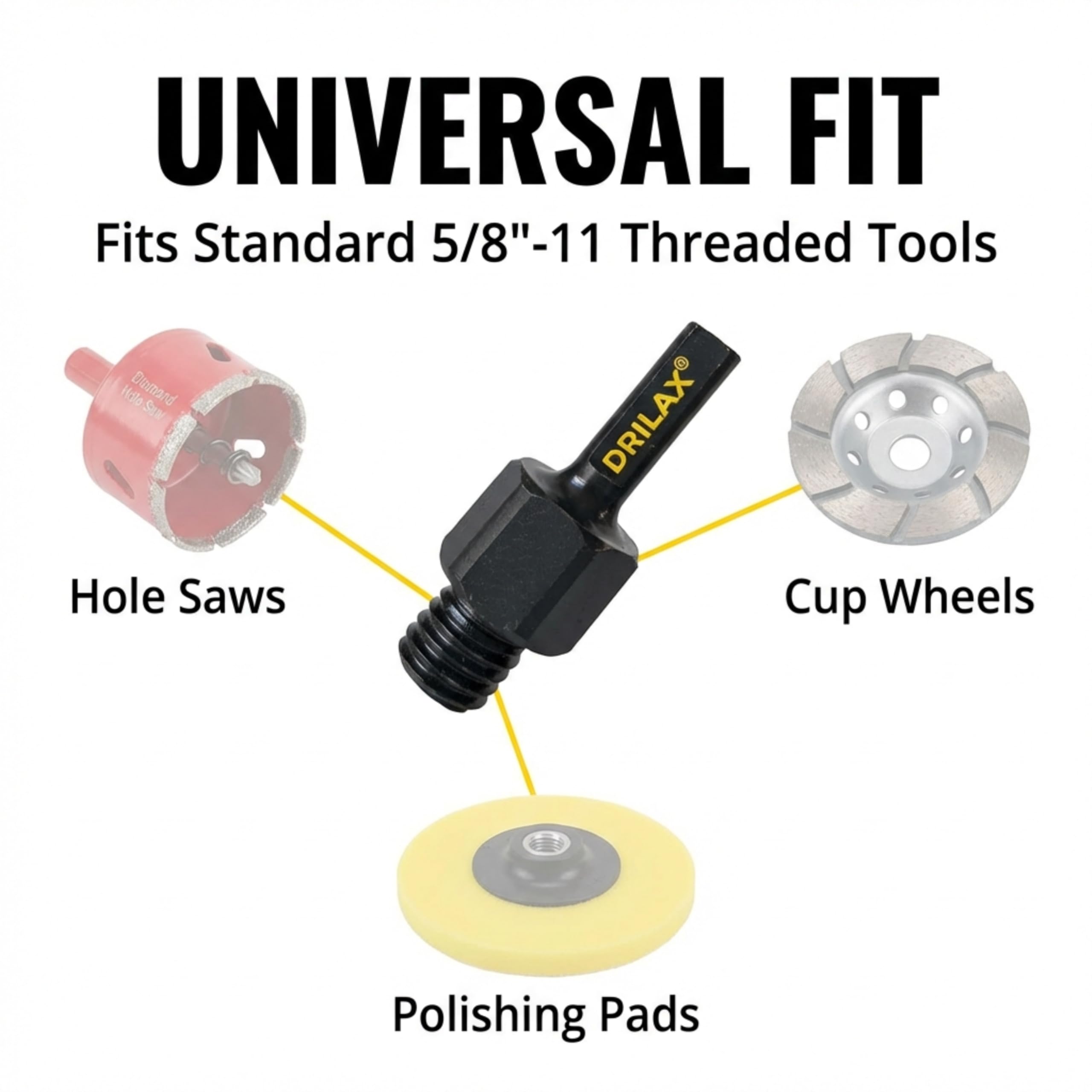 Drilax 5/8"-11 to 3/8" Drill Adapter – Converts Angle Grinder Accessories to Standard Cordless Drills | for Diamond Hole Saws, Grinding Cups & Polishing Pads — Amazon image 5