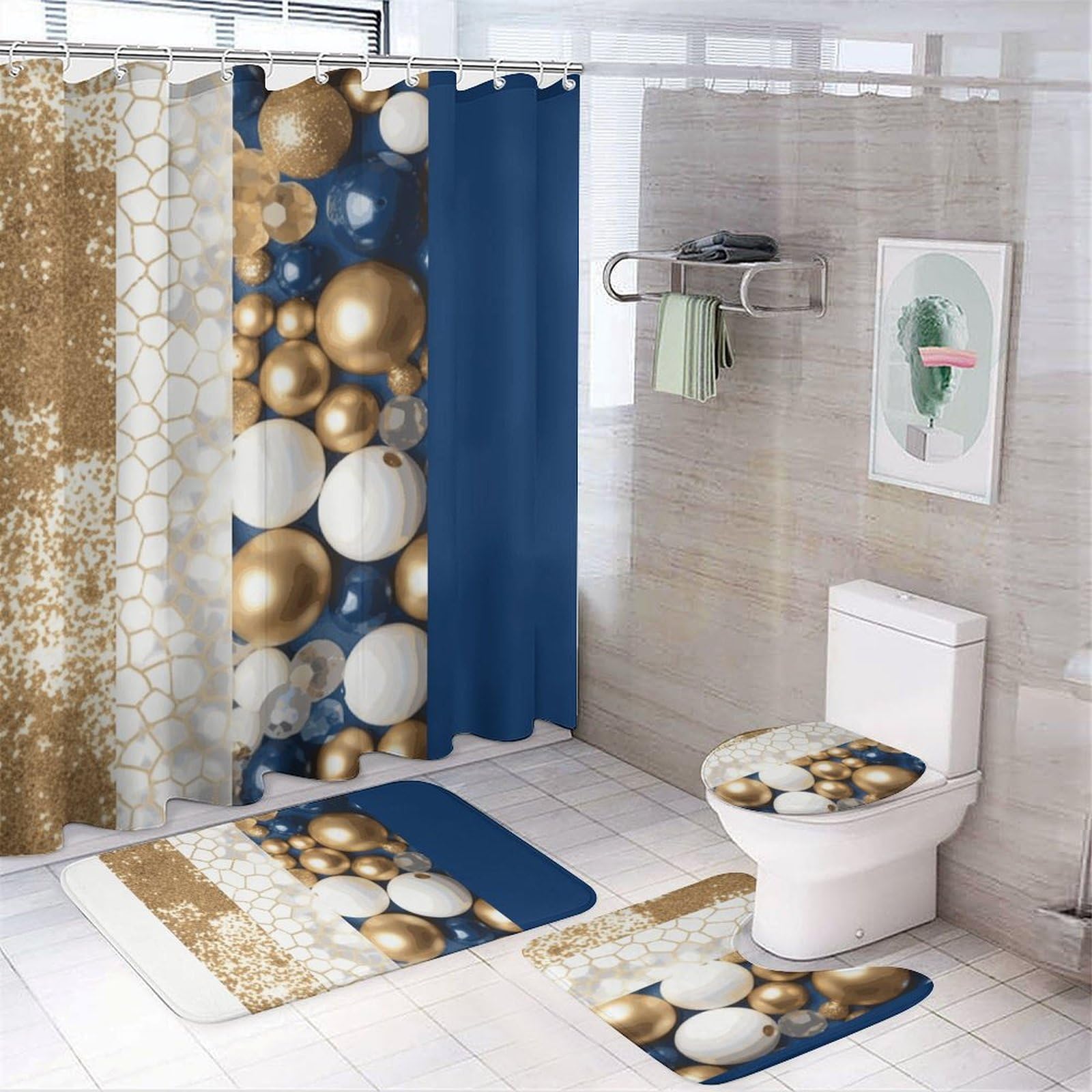 Rideau de douche en tissu bleu doré et blanc au design moderne et élégant