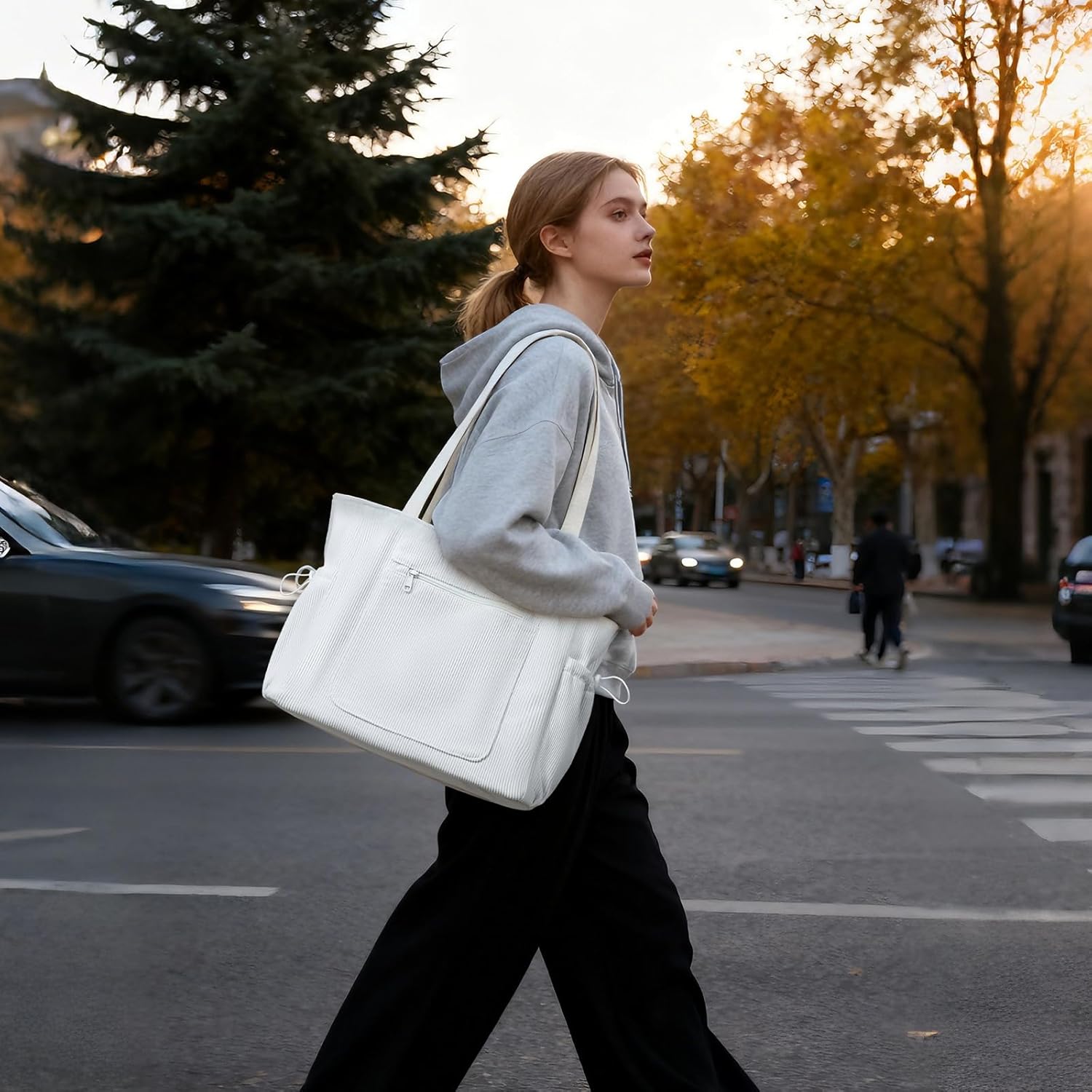 Corduroy Tote Bag for Women Large Capacity Tote Bags with Stanley Cup Holder Shoulder Handbag with Inner Pockets - Image 2