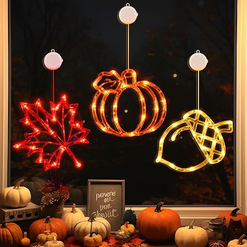 LOLStar Luces de ventana de decoración de otoño 2025, decoraciones de Acción de Gracias, hojas de arce de bellota, luces LED de calabaza con