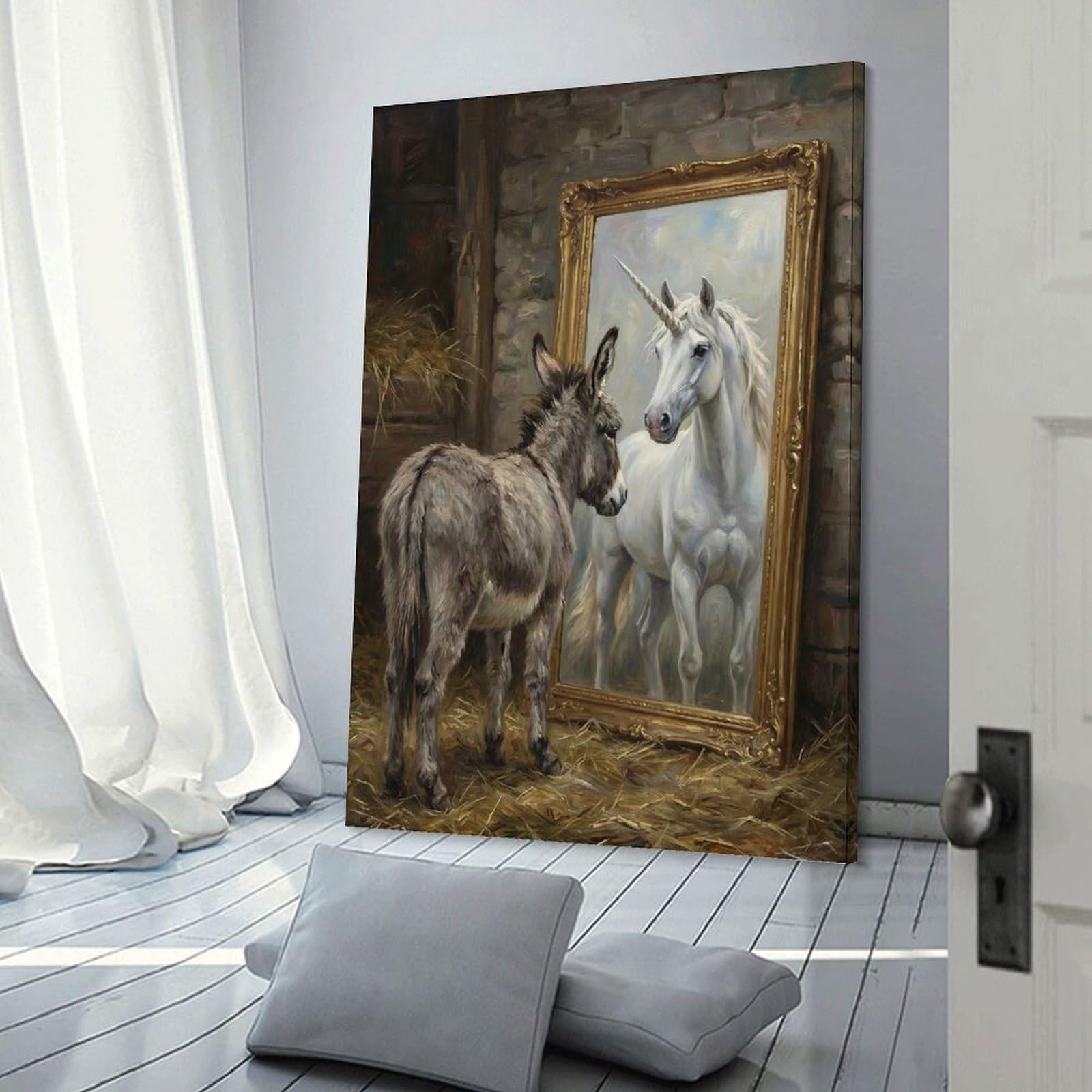 Junmoney Frame-Style-24-1 Donkey Sees Unicorn In Mirror Decorative Wall Artwork, 24X36inch(60X90cm), For Corridors, Hallways Or Apartment Entries, Home Artwork For First Impressions