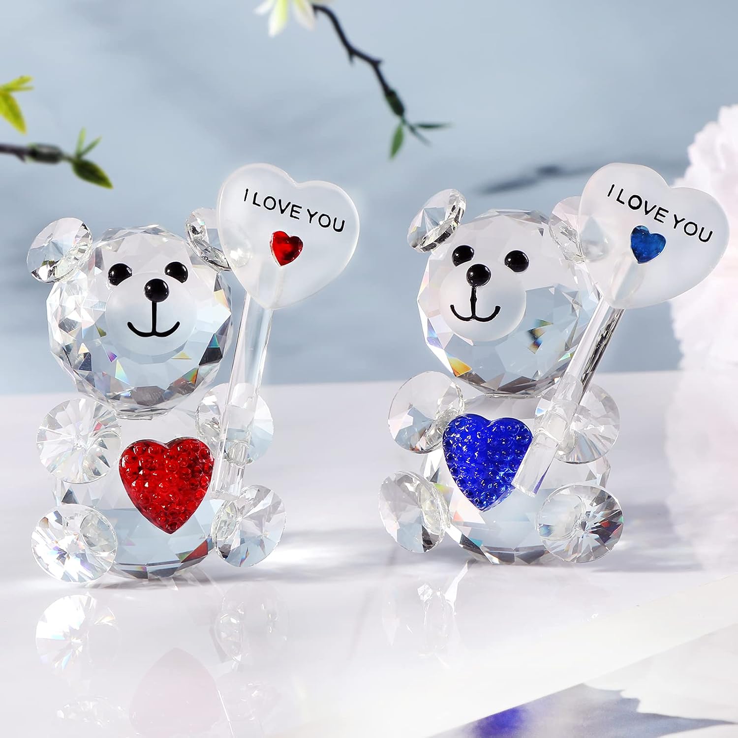 Movdyka K9 Crystal Blue & Red Bears Figurines Ornaments with I Love You Couple Gifts for Gilfriend Anniversary Wedding Valentines Gifts for Parents Glass with Gift Box