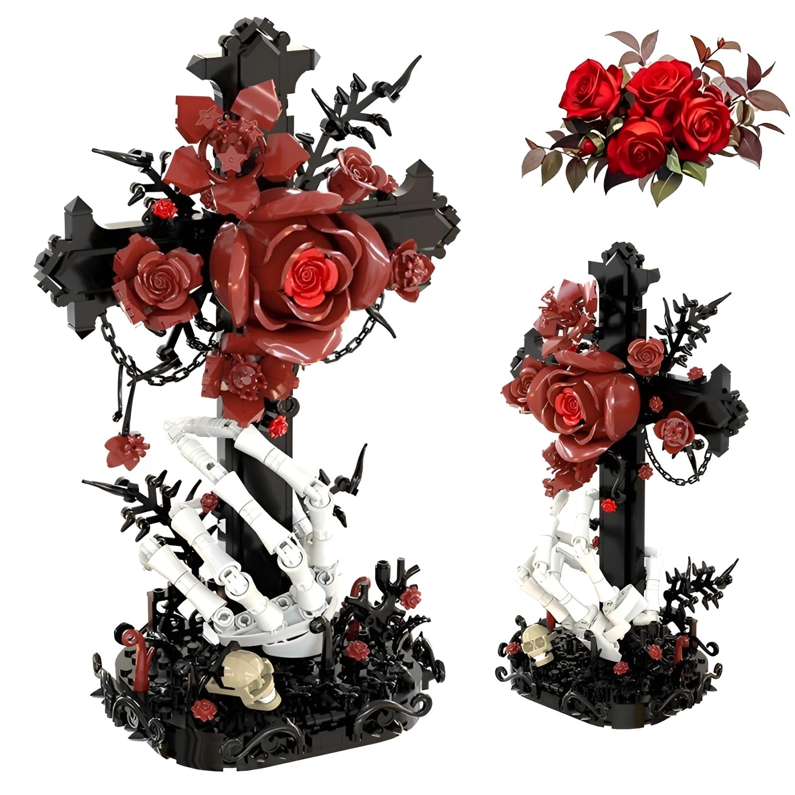 QuirkQuest Gothic Red Rose & Cross Building Set, Dark Fantasy Decor for Adults Bricks Kit, Skeleton Hand with Skull Collectible Model, Unique Halloween Romantic Gifts, Spooky Themed Toys Display