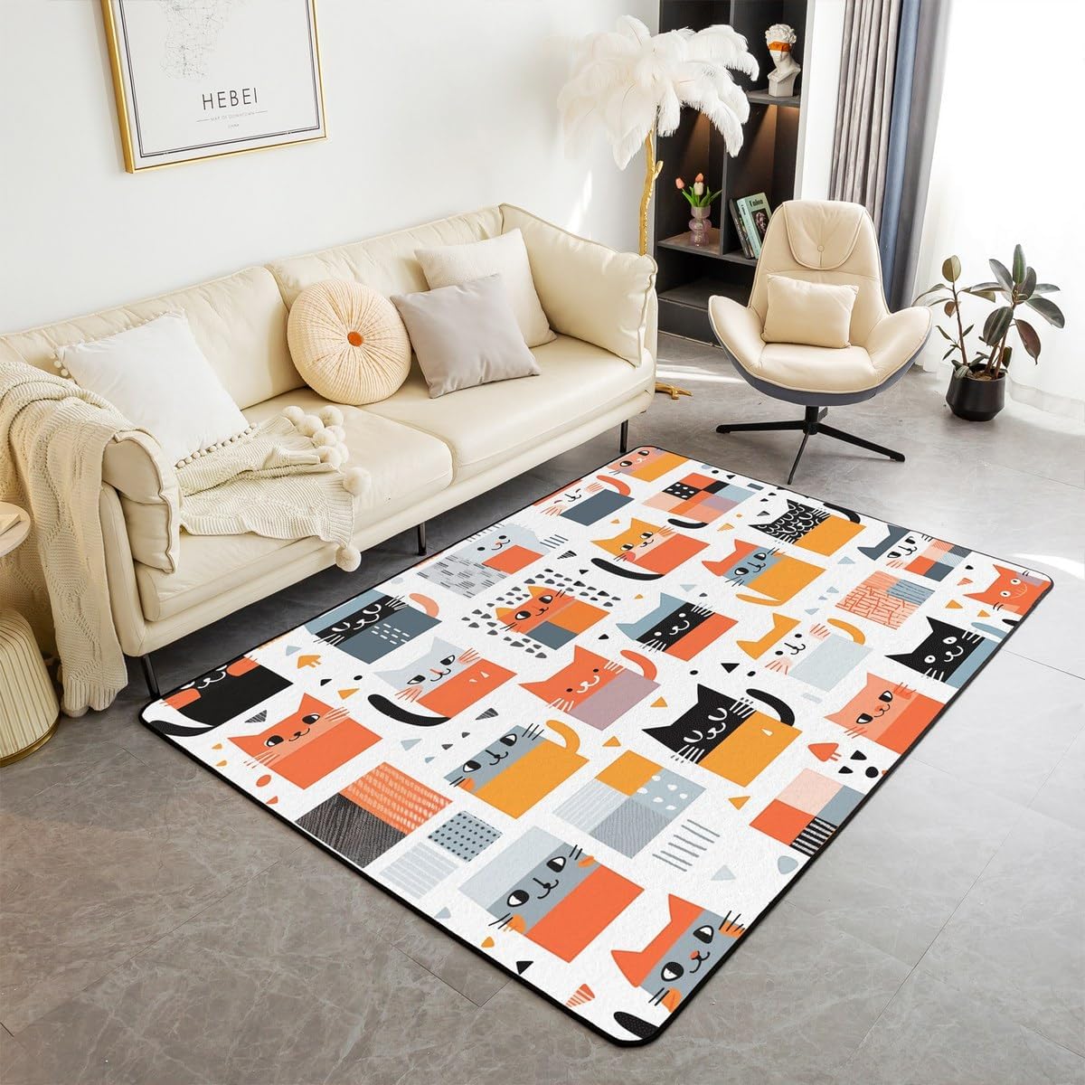 Erosebridal Cartoon Cat Carpet Colourful Kawaii Cat Print Area Rug for Cat Lovers Rainbow Plaid Pattern Indoor Floor Mat Kids Pet Animal Decorative Accent Rug,Colourful 3X5