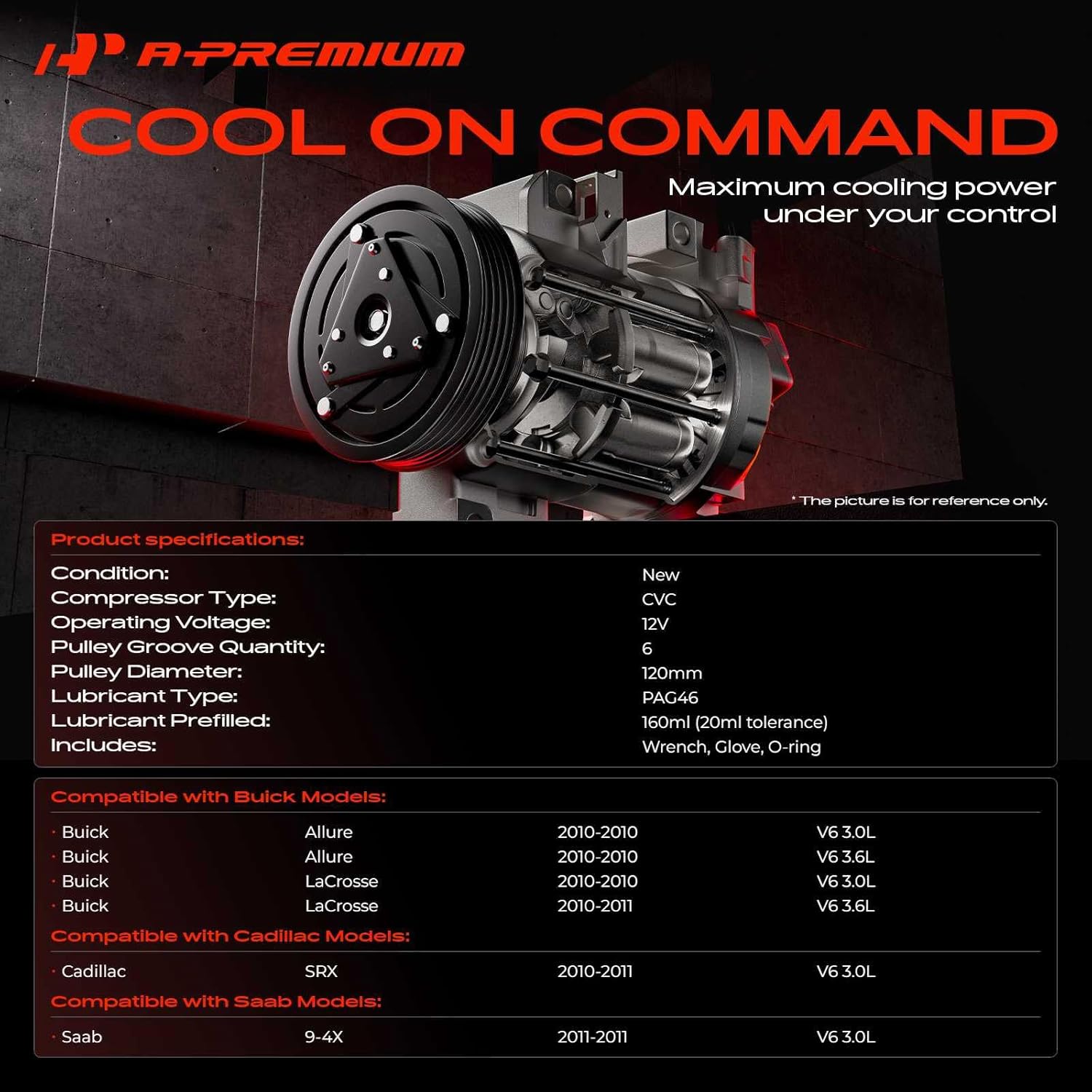 A-Premium A/C Compressor with Clutch Compatible with Saab 9-4X 2011, Cadillac SRX, Buick LaCrosse 2010-2011, Allure 2010, 3.0L 3.6L