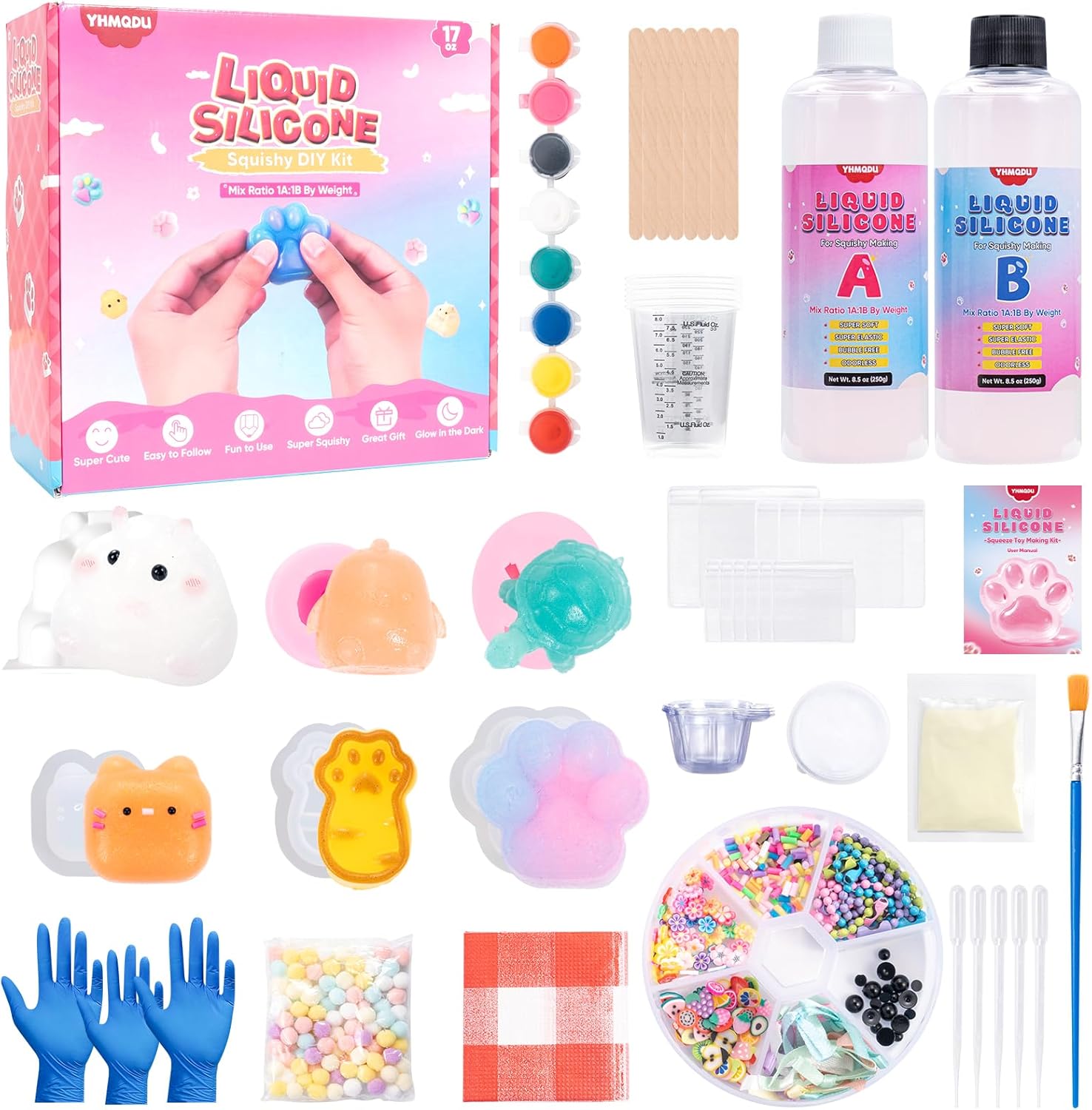 Taba Squishy Kit 17OZ - All-in-One DIY Squishy Maker Kit with 6 Cute Molds, Bubble Free,Fast Cure Flex Rubber, Flocking Powder, Guide - Stress Relief Gifts for Family,Friends