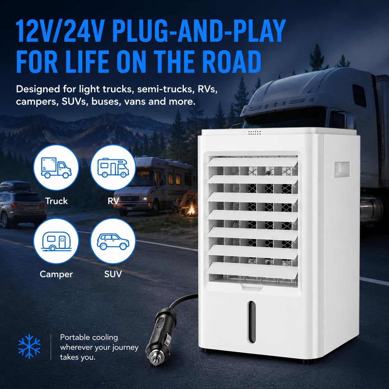 Condizionatore d'Aria per Camper 4 in 1/Raffrescatore d'Aria Evaporativo Portatile per Auto con Telecomando,Mini Ventilatore Raffreddamento per Camper con 3 Impostazioni di velocità 24v