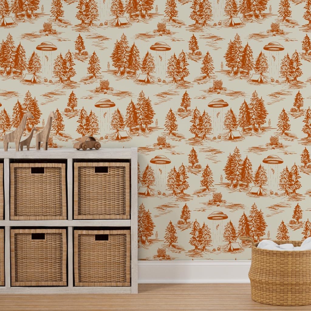 Spoonflower Removable Wallpaper 9ft x 2ft - UFO Alien Abduction Orange Novelty Funny Toile Large Scale Custom Pre-Pasted Wallpaper