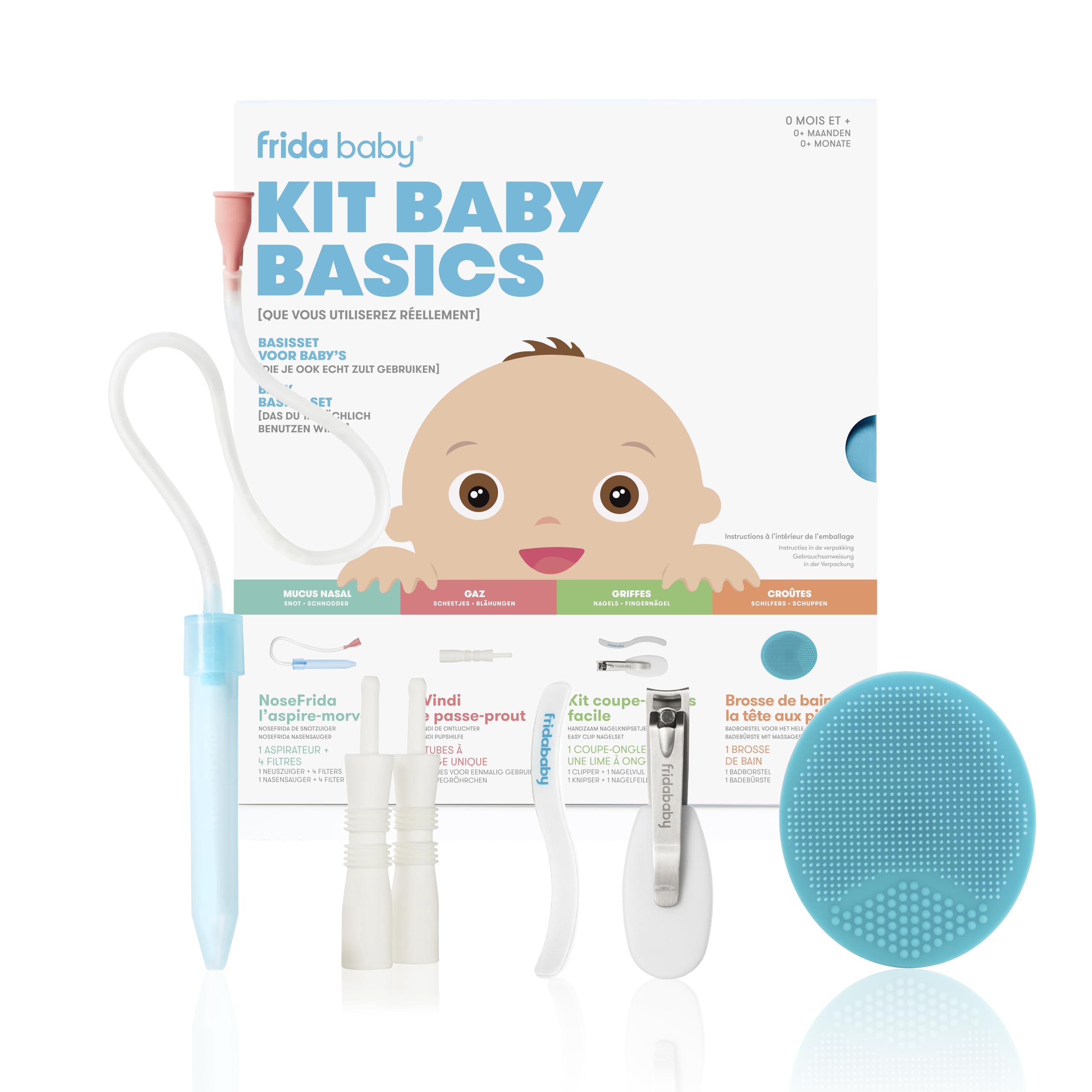 Frida Baby kit essentiels 6 pièces, comprend aspirateur nasal Snotsucker, limes à ongles NailFrida, Windi soulagement des gaz, brosse de bain DermaFrida + étui de transport en silicone