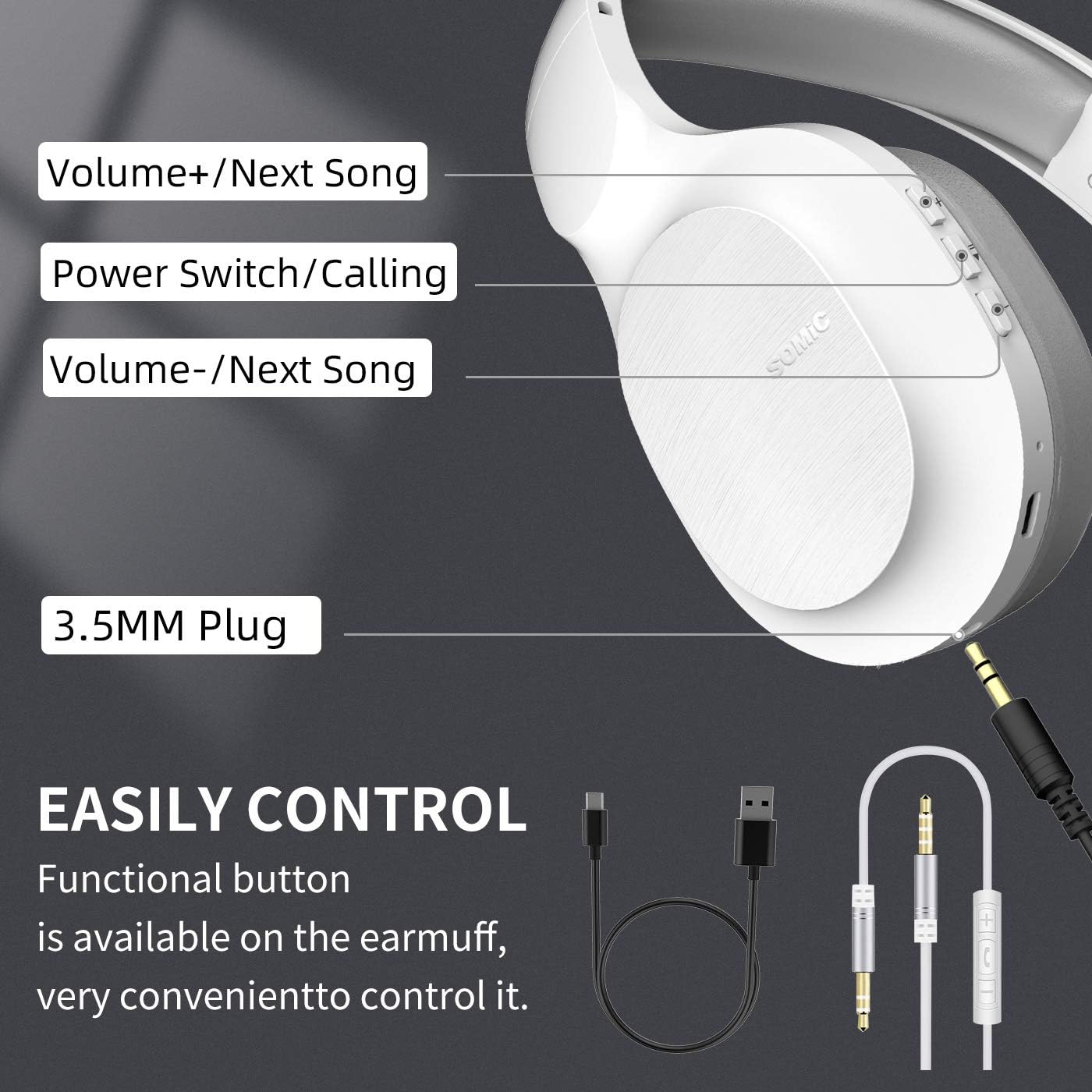 Diagram showing control buttons on SOMIC MS300 headphones