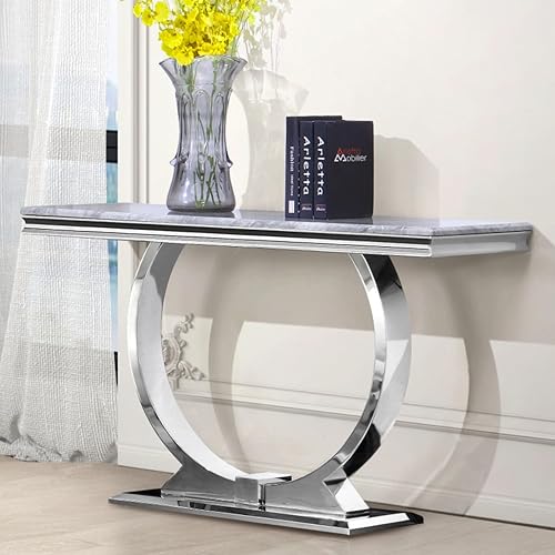 Mesa consola plateada, mesa rectangular de 50 pulgadas con base en U espejada, mesa consola moderna gris para entrada, sala de estar, oficina,