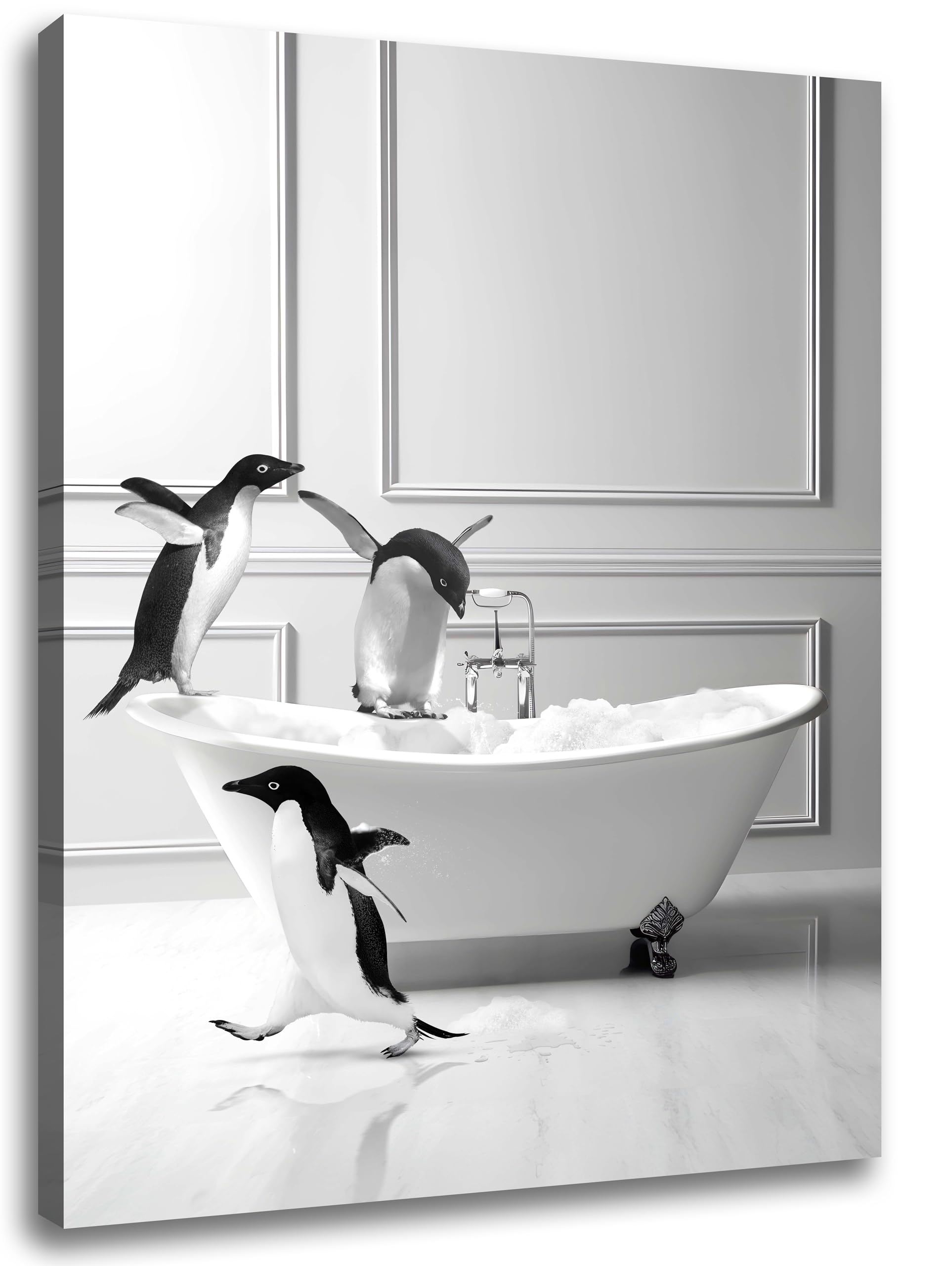 Funny Bathroom Wall Art Decor, Modern Wrapped Canvas Prints, Black and White Canvas Wall Art Pictures, Cute Penguin Bathing Wall Decor, Humor Farmhouse Animals Prints Framed Ready to Hang 12"x16"