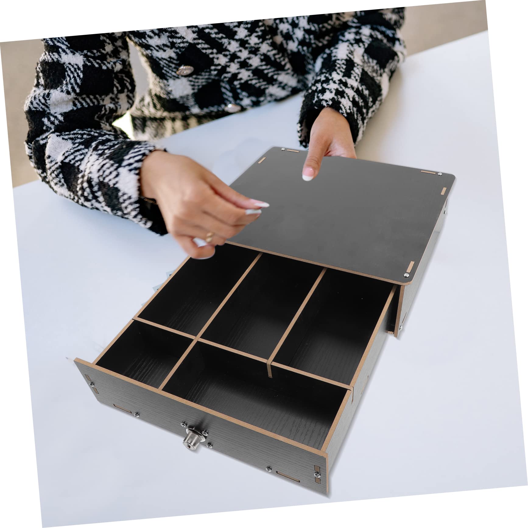 Scatola Portamonete in Legno Nera a Scomparti Multipli per Cassa | Contenitore da Banco, Clips per Fissare Banconote e Monete, Sostituzione Till per Negozi e Punti