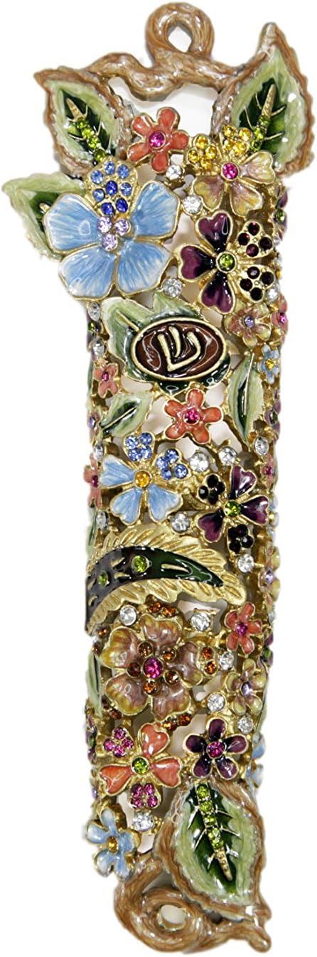 Bless This Home 5” Hand Painted Enamel MEZUZAH CASE Décor for Home with Blossom Flowers Designs Embellished with Crystals to Keep Your Scroll Hebrew Parchment |Summer Days', 5" Summer Days' 5"