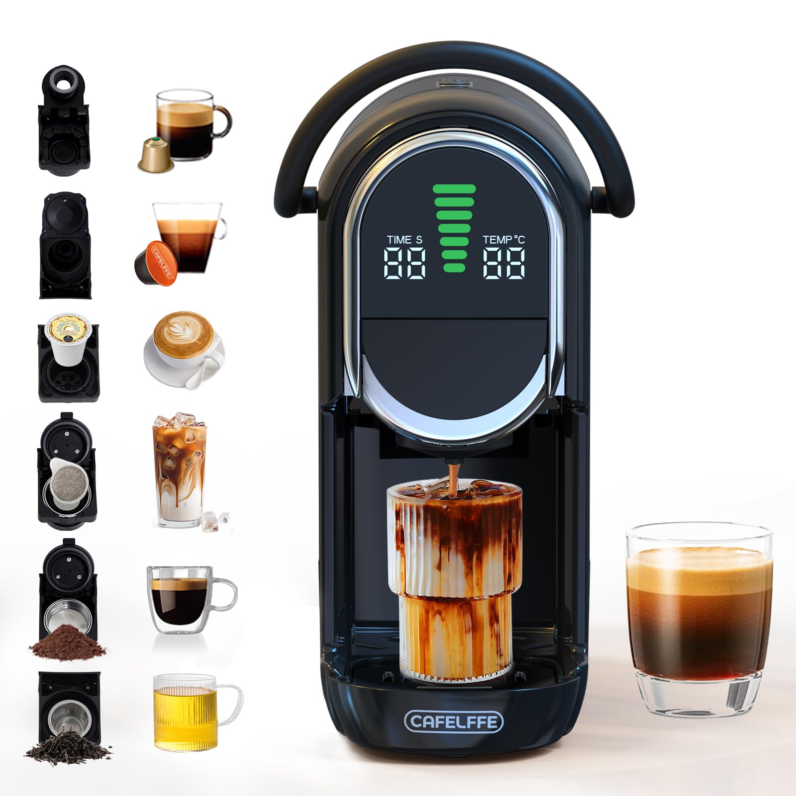 CAFELFFE MK-609S ekspres do kawy na kapsułki 6 w 1, 20 bar, z automatycznym odciążeniem, regulacją temperatury i ilości kawy, 6 opcji adaptera do kapsułek, liści herbaty i zmielonej kawy, 1450 W