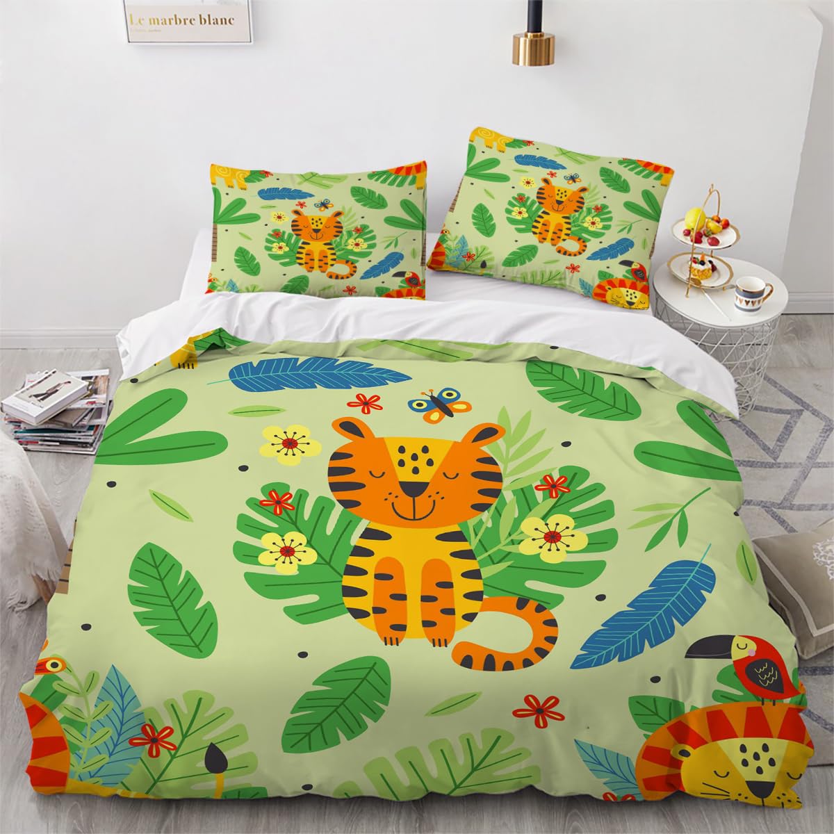 Housse de couette tigre 2 personnes 240x260 parure de lit animaux 3 pièces microfibre