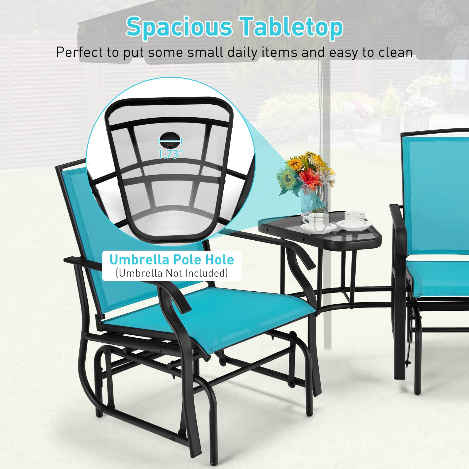 Set Salon Jardin 2 Places GIANTEX - Table + 2 Chaises Aluminium - Trou Parasol - Motif Rose Vert