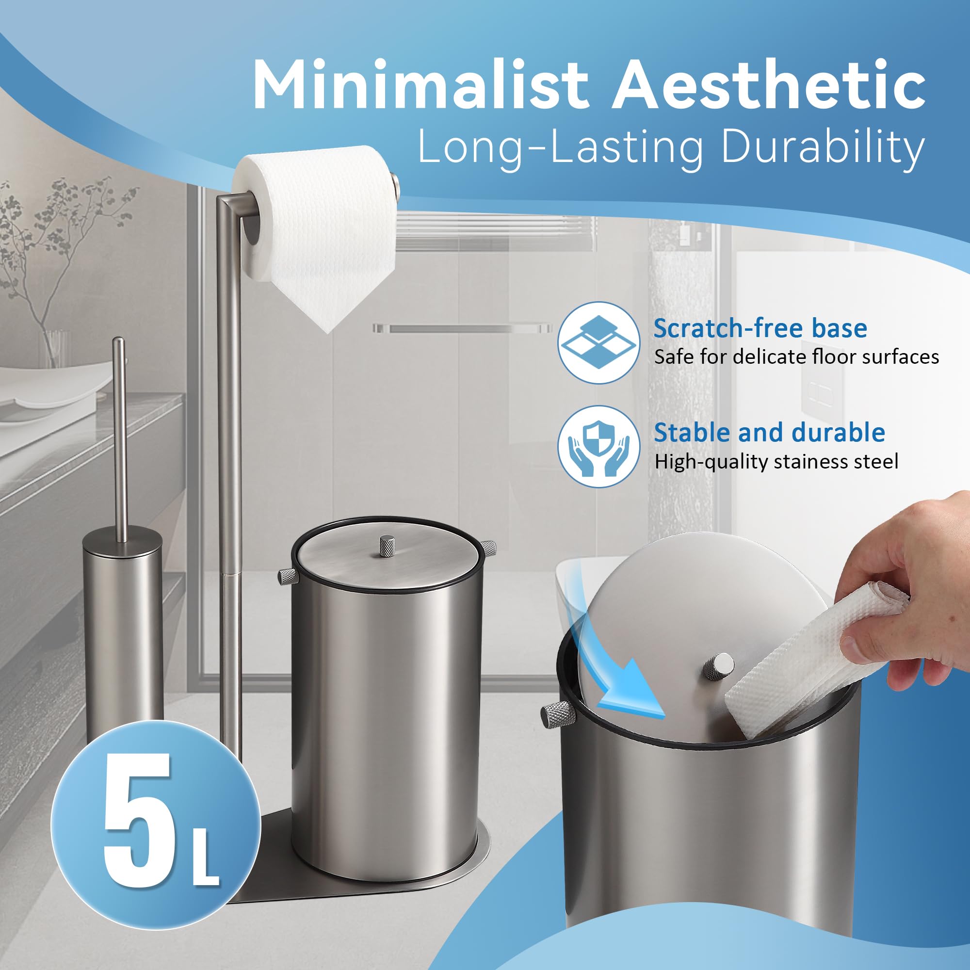 DAZI Portarrollos Papel higiénico con escobilla WC y Papelera, Set 3-en-1 de Acero Inoxidable con 2 Cepillo PP, Portarrollos para baño Ideal para Hogar, Apartamento y Aseo (Nickel Cepillado)