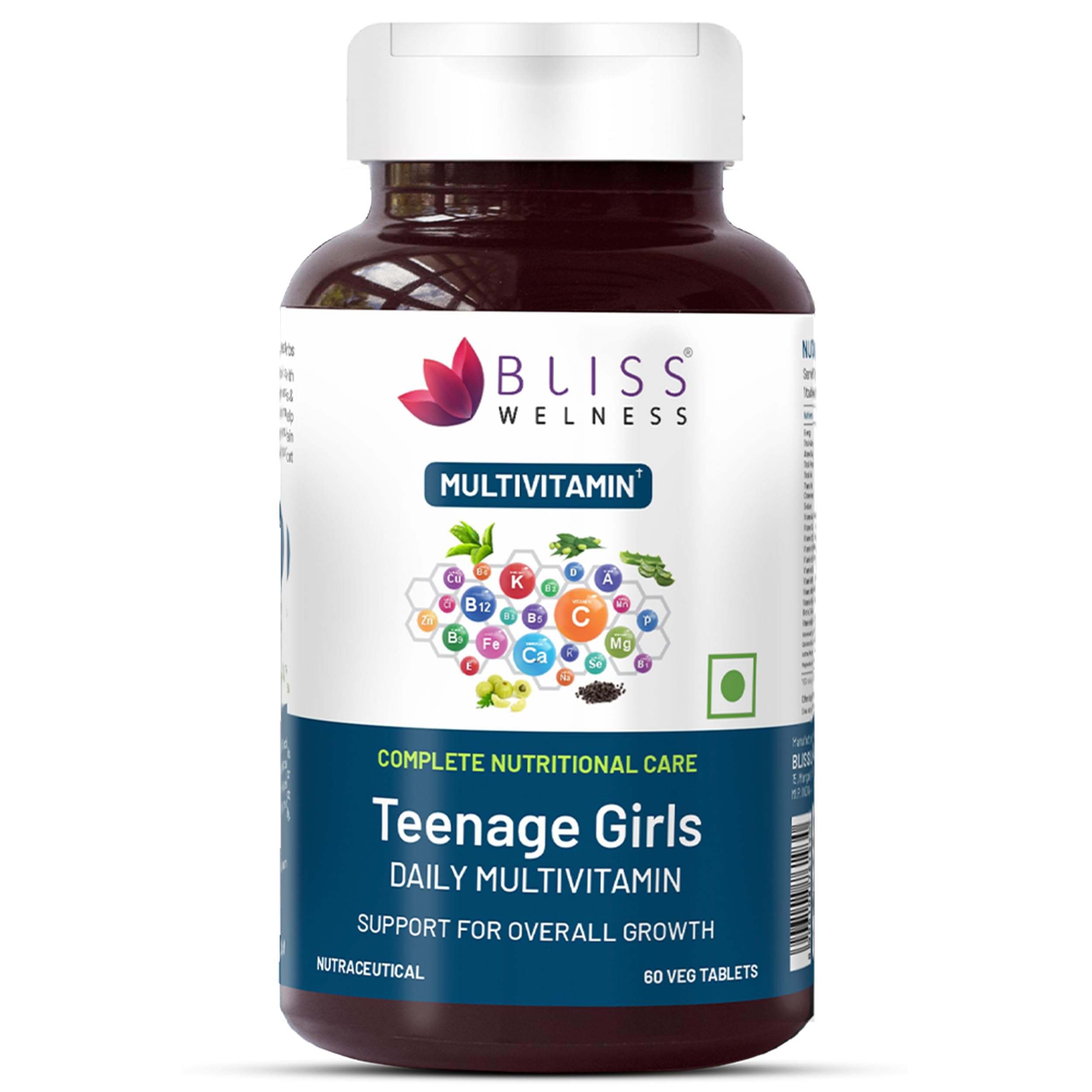 Bliss Welness Teenage Girl Multivitamin With Vitamin, Minerals, Calcium Magnesium Zinc, Aloe Vera Extract, Bamboo and Grapeseed Extract For Immunity, Hair Skin Nails, Bone & Joint Health - 60 Tablets