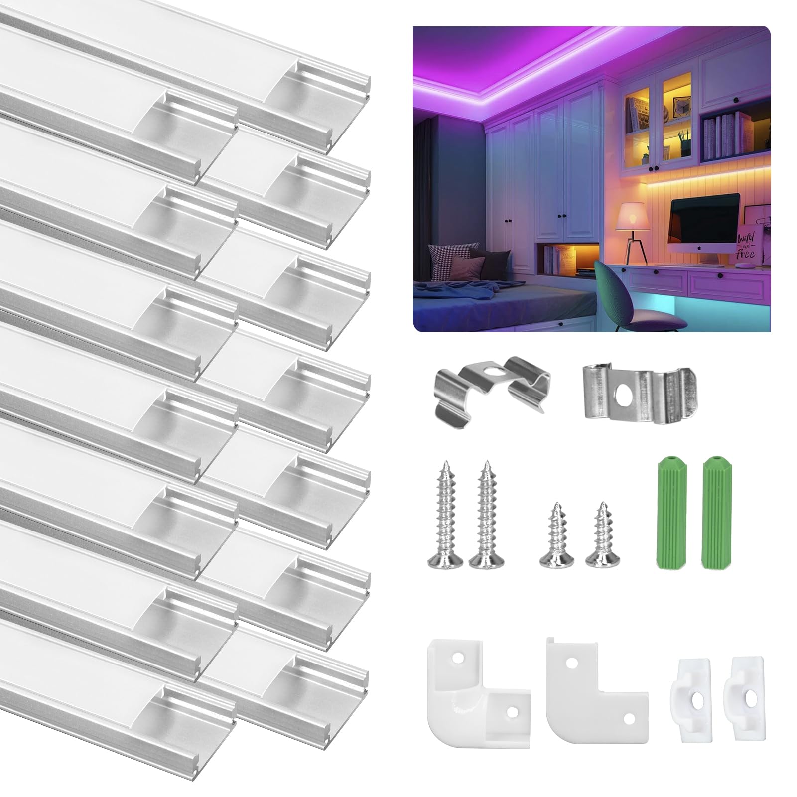 Perfil de Aluminio LED Forma de U 14 x 1m con Difusor Blanco y Accesorios – Canal LED para Tira LED Interior y Decorativa, Fácil Instalación