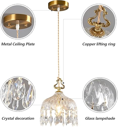 Miniatura 7 de Lámpara colgante de cristal vintage de latón, lámpara colgante de cristal de altura ajustable, luces colgantes de una sola cabeza para comedor, sala