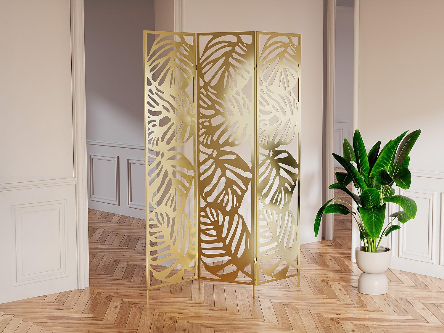 Vente-unique - Paravent ajouré Floral en métal 3 pans L. 123 x H. 180 cm - Doré - KODILA