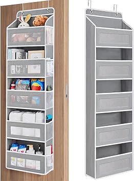 Over The Door Storage - 5 Shelf Behind Door Hanging Organizer with 5 Clear View Pockets, Secure Anti-Tilt System Holds 55lbs - Space Saving Organizer for Bedroom, Bathroom, Closet Light gray