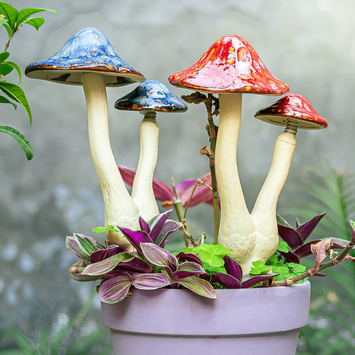 Mushroom Yard Decor - 2pcs Ceramic Mushroom Statue for Garden, Fairy Garden Stakes Ceramic Lawn Ornament Decor Plants Stake