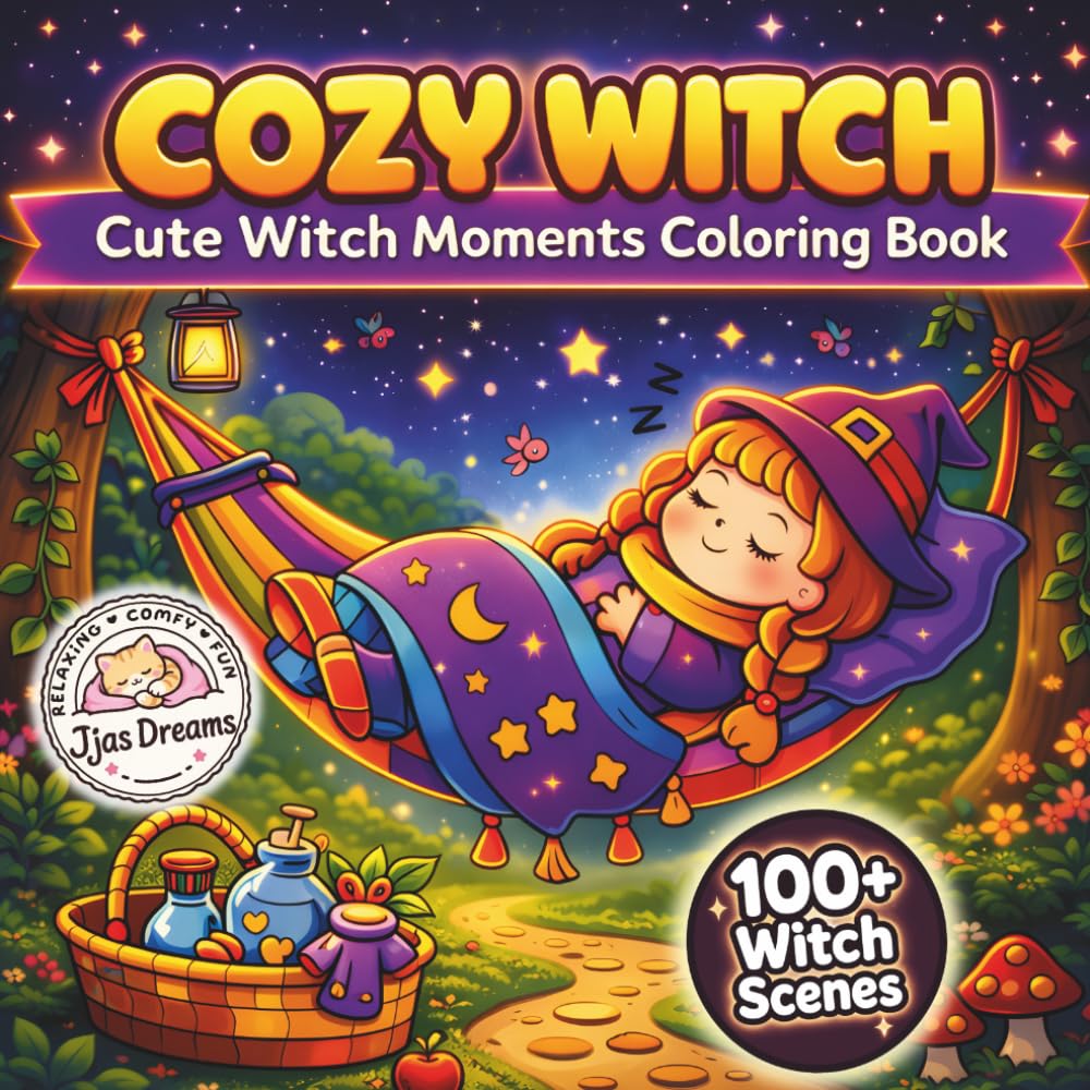 Cozy Witch Moments Coloring Book: Bold and Easy, Simple Cute Cozy Witch Moments for Relaxation, Kawaii Halloween Scenes, Stress Relief Coloring Book for Adults