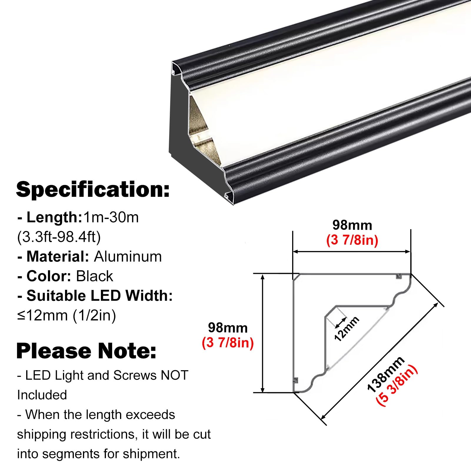 Listwa sufitowa, profil aluminiowy w kształcie litery V z diodami LED do oświetlenia gzymsu, 2 m (6,6 stóp) czarna liniowa listwa przypodłogowa z dyfuzorem do narożników sufitowych i ściennych
