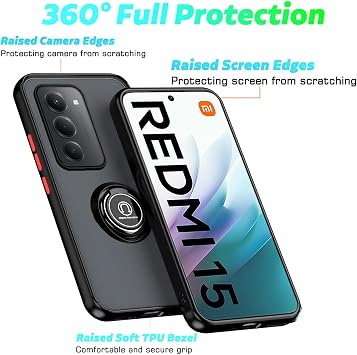 Case for Xiaomi Redmi 15 4G/5G Black with Ring Stand Case + 2 x Tempered Glass Screen Protector,PC +TPU Shockproof Anti-Scratch Phone Cover