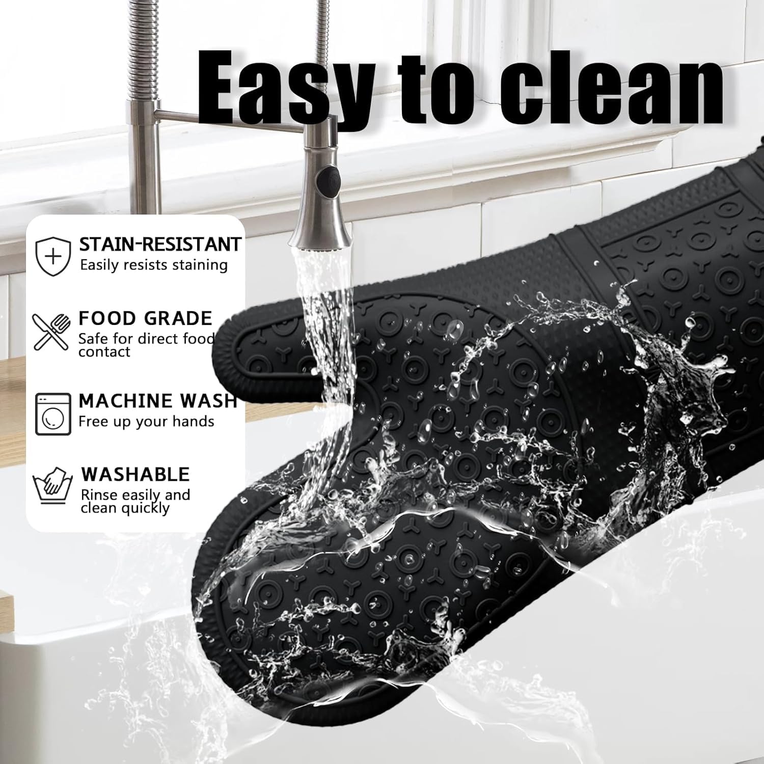Guantes de horno de silicona con almohadillas calientes resistentes al calor y juego de cinco espátulas diseñados para cocina, hornear, cocinar, forro de algodón suave, impermeable, sin BPA (negro,